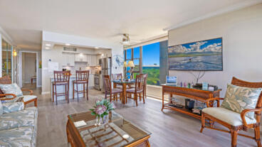 View from sofa to dining area